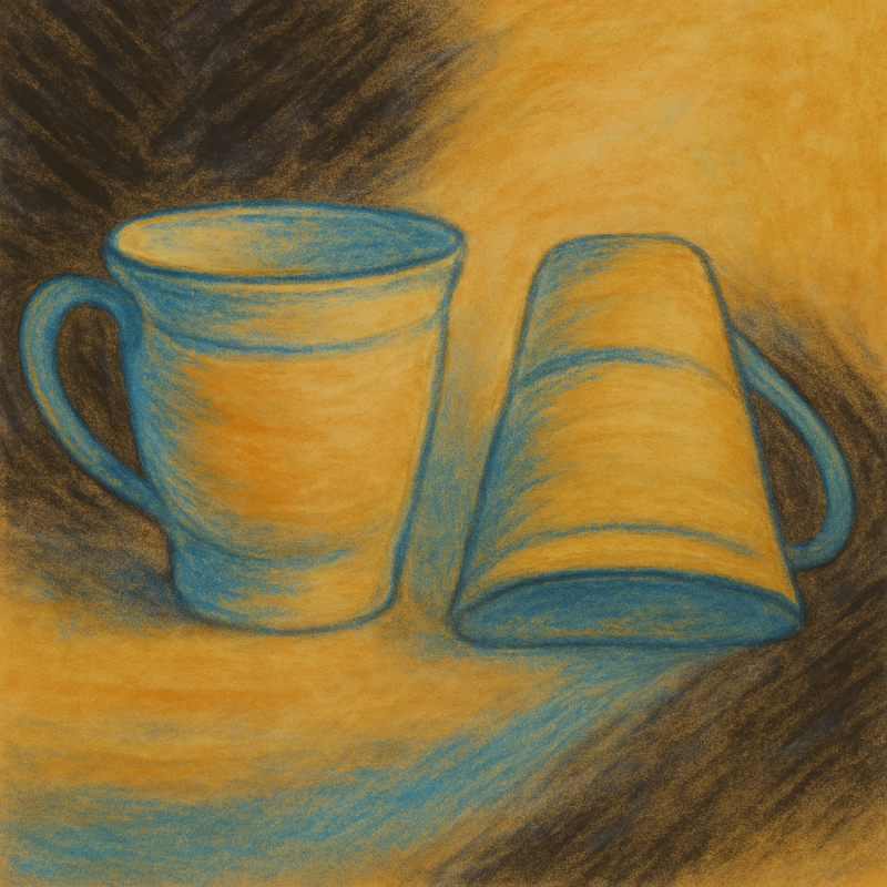 Stylized blue cups on an orange and black background.