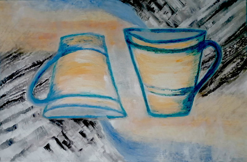 Two abstract blue and orange mugs sketched on a textured background.