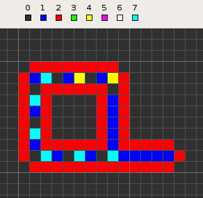Grid art of a red path with blue, yellow, and cyan tiles, on a dark background.