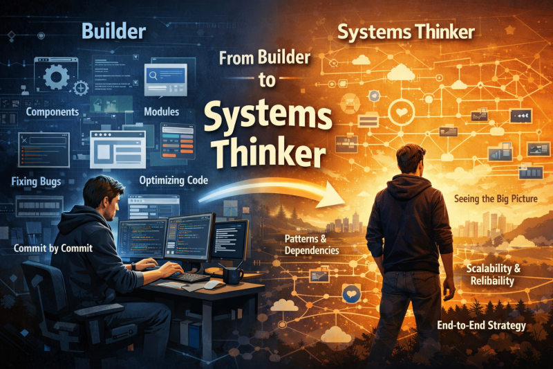 Two men at computers conceptually transition from coding to systems thinking.