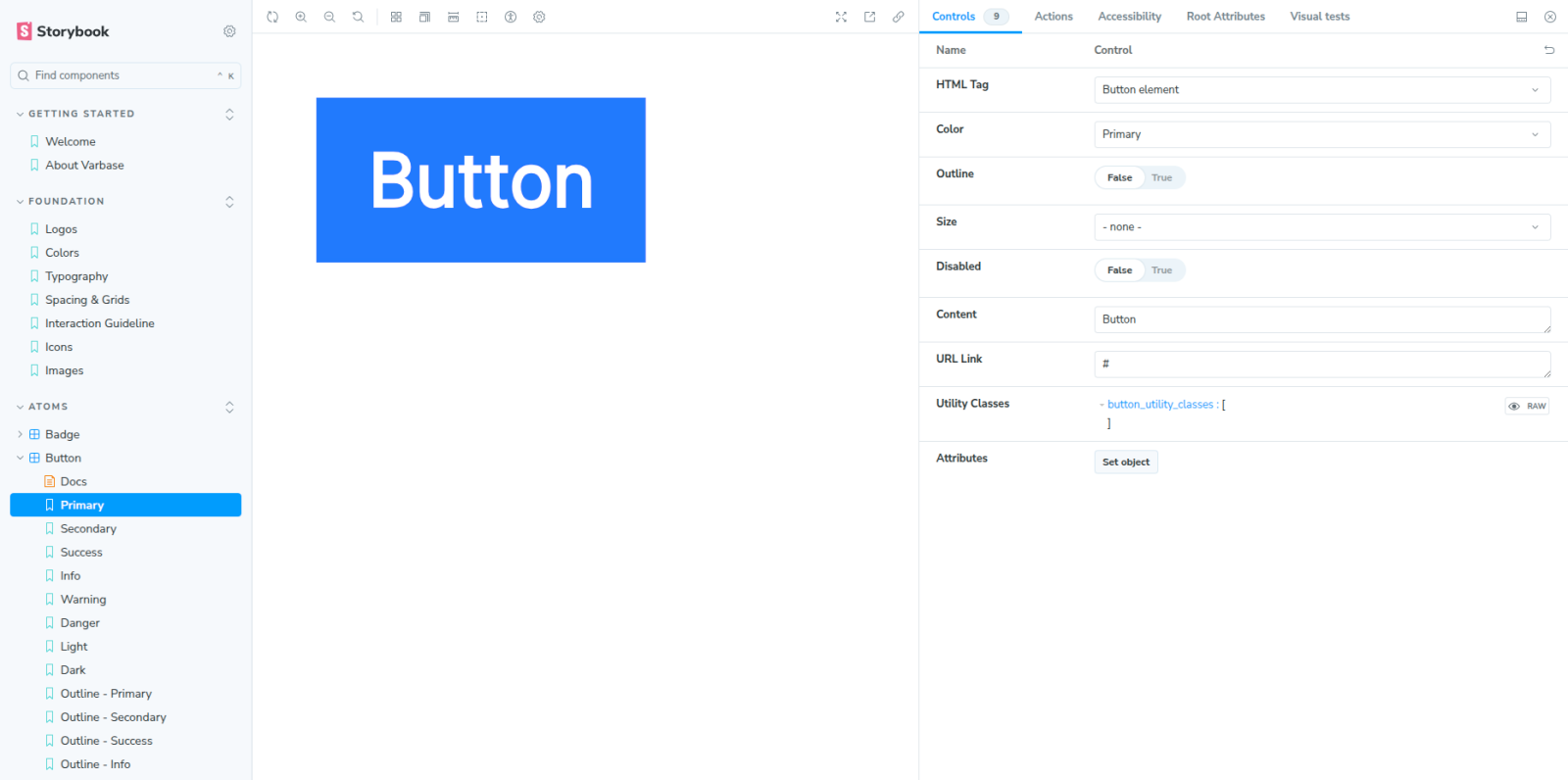 Button design settings in a UI editor with a blue button labeled "Button".